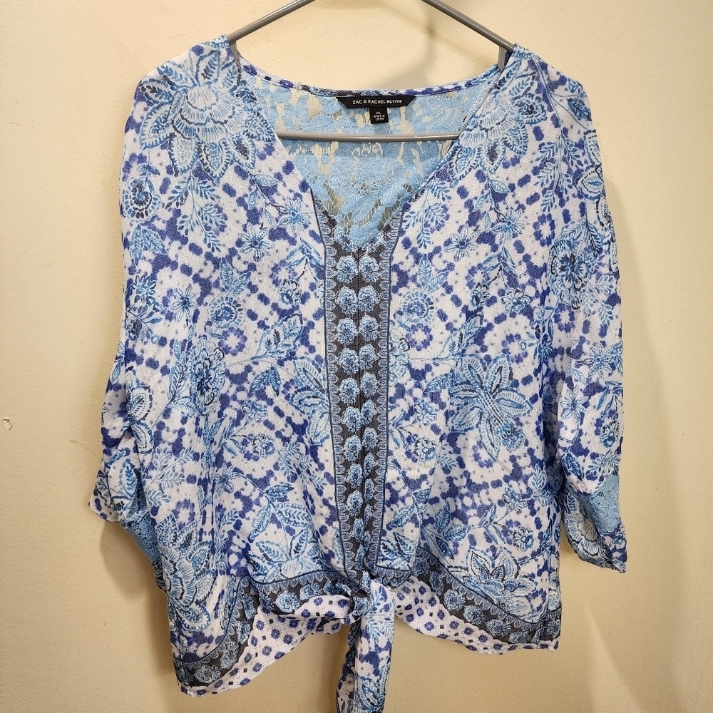 ZAC and Rachel women's blue floral Light Weight tie front blouse PL